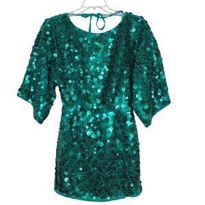ASOS Emerald Green Sequin Dolman Sleeve Mini Dress NWT Size 4 Tie Back Open Back